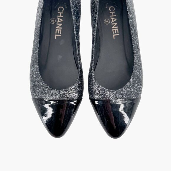 Chanel CC Cap Toe Ballet Flats Black Silver Leather Size 37.5 US 6.5–7 Women - Picture 4 of 15